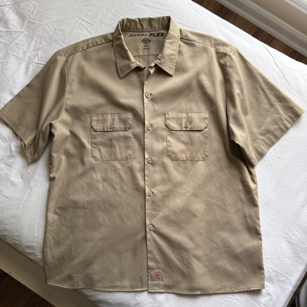 Dickies Flex Mens 2XL Khaki Tan Short Sleeve Work Shirt WS673DS Button Down